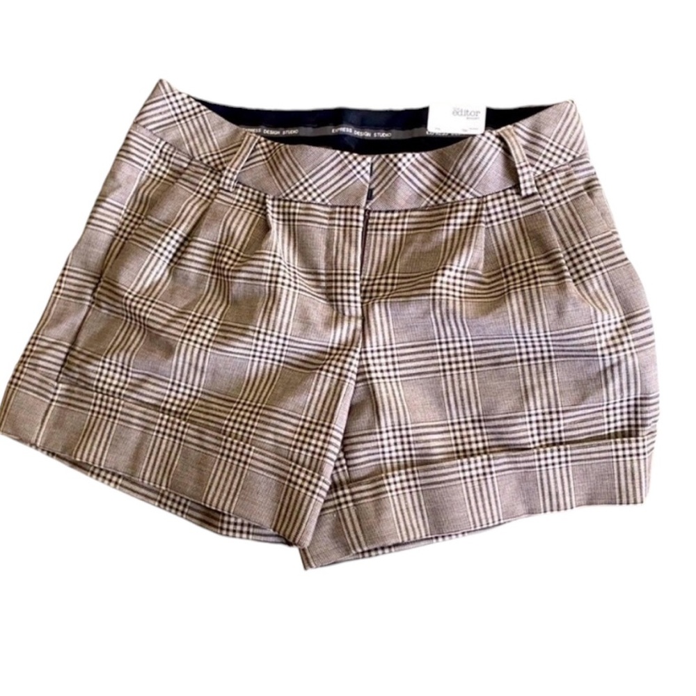 Express Plaid Tailored Shorts in Tan and Black